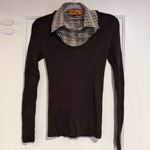 Tory Burch Wool Sweater Women's Size S Brown Rib Knit Silk Removable Collar Y2K